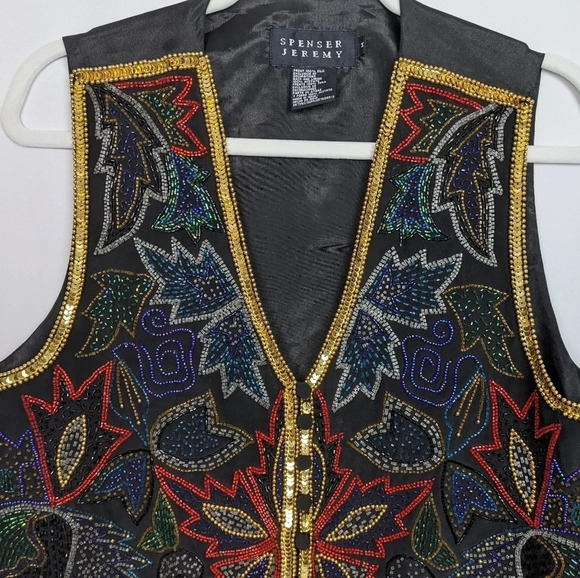 Spencer Jeremy Vintage 90s Floral Leaf Beaded Sequin Embellished Silk Vest sz.M - Picture 3 of 6